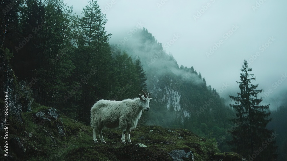 Fototapeta premium Wide Angle Shot of Mountain Goat in Lush Forested Landscape