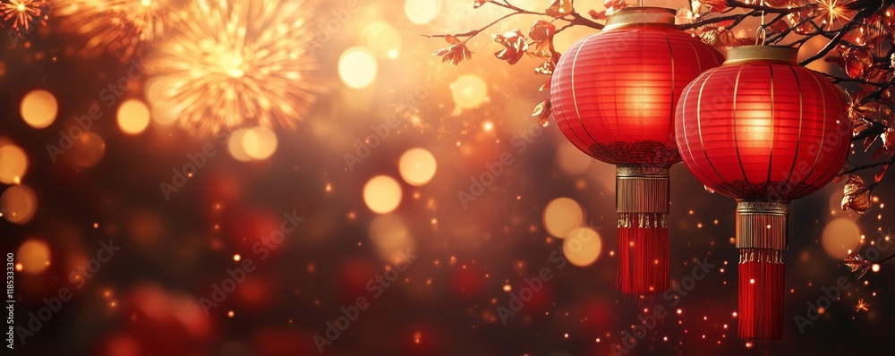 Chinese New Year background featuring red lanterns, glowing warmly against a backdrop of golden fireworks and intricate floral patterns. Chinese New Year background featuring red lanterns, glowing warmly against a backdrop of golden fireworks and intricate floral patterns.