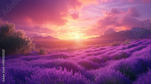 Vibrant Lavender Field at Sunset with Mountain View