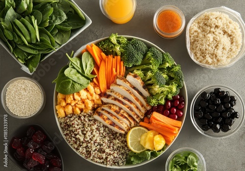 Fresh and Colorful Healthy Meal Prep Bowl with Quinoa, Grilled Chicken, Vegetables, and Various Ingredients for Balanced Nutrition and Meal Planning photo