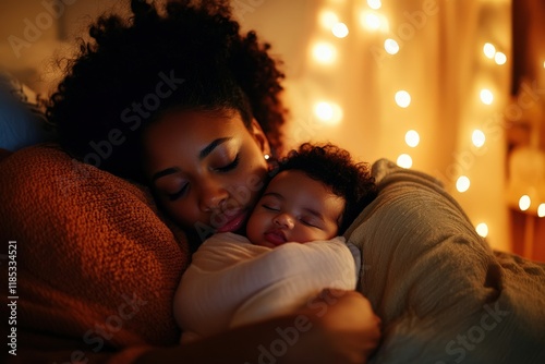 Peaceful sleep of african female adult and child embracing under warm lights photo