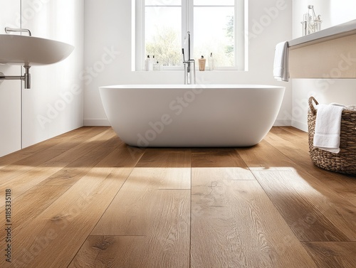Modern Bathroom With Freestanding Tub And Oak Flooring
