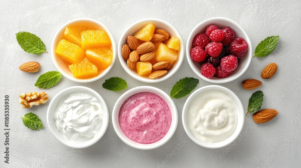 Healthy snack options with fruits, nuts, and yogurt Healthy snack options with fruits, nuts, and yogurt