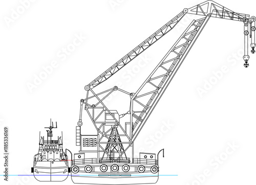 sketch illustrator of floating crane ship for lifting heavy objects on the sea and river in construction development.eps