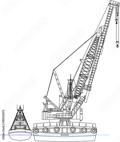 sketch illustrator of floating crane ship for lifting heavy objects on the sea and river in construction development.eps