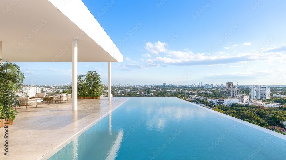 Stunning Infinity Pool with Panoramic City Views and Modern Architecture in a Luxurious Outdoor Space Under a Clear Blue Sky Stunning Infinity Pool with Panoramic City Views and Modern Architecture in a Luxurious Outdoor Space Under a Clear Blue Sky