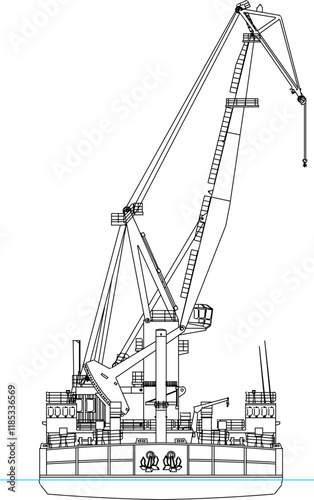 sketch illustrator of floating crane ship for cleaning dredging sediment mud and garbage under water.eps