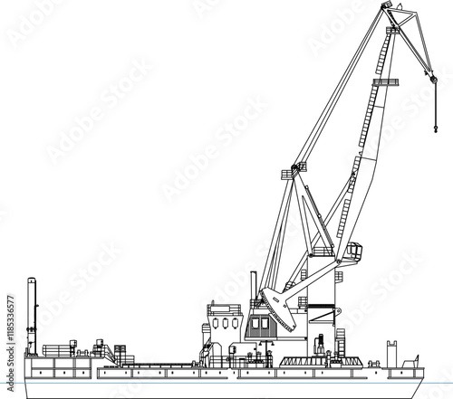 sketch illustrator of floating crane ship for cleaning dredging sediment mud and garbage under water.eps