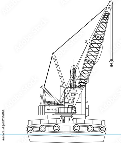 sketch illustrator of floating crane ship for lifting heavy objects on the sea and river in construction development.eps