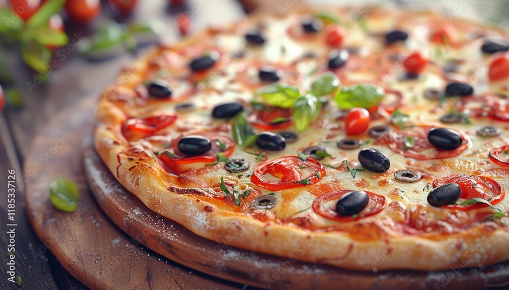 A close-up of a delicious pizza with salami, olives, tomatoes, and basil. A close-up of a delicious pizza with salami, olives, tomatoes, and basil.