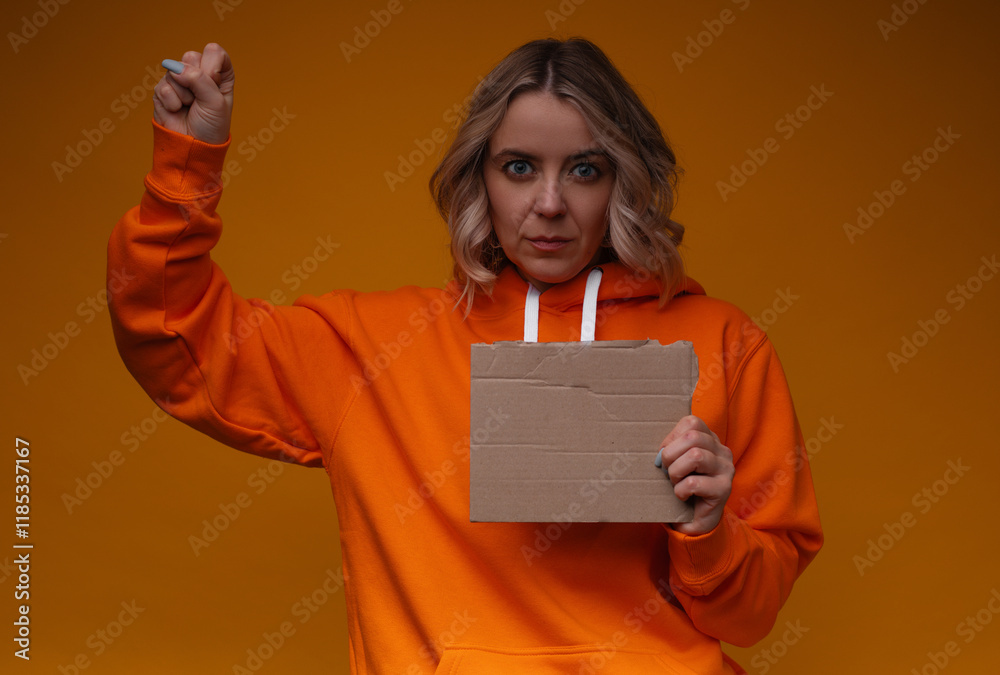 Naklejka premium A woman in an orange hoodie, holding a piece of torn cardboard in one hand and raising a fist with the other, set against a vibrant orange background. The image conveys empowerment and activism.