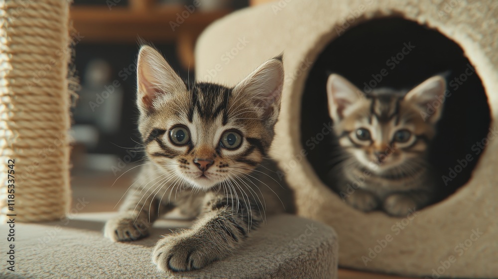 Obraz premium 48.Two playful kittens captured mid-action near a modern cat house, one looking over the side with wide eyes while the other pauses to smell its own paw, with a neutral-toned living room in the