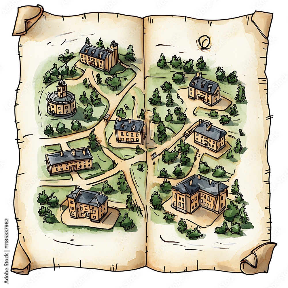 Obraz premium Hand-drawn watercolor illustration of an antique map depicting a quaint village with historical buildings and lush greenery.