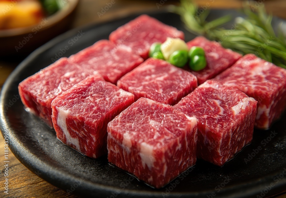 Fresh Premium Beef Cubes on a Black Plate Garnished with Green Onions and Rosemary Ready for Cooking or Barbecue in a Rustic Kitchen Setting