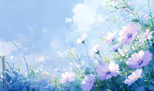 Bright serene meadow with soft lavender and white flowers blooming under clear blue sky in gentle sunlight

. generative ai