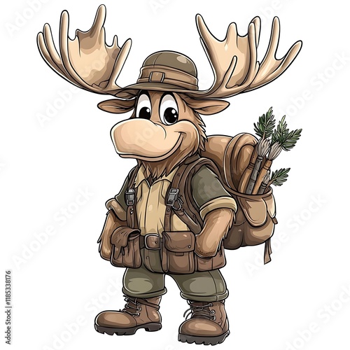 A cheerful cartoon moose, dressed in hiking gear and carrying a backpack full of brushes and branches, stands ready for an adventure. photo