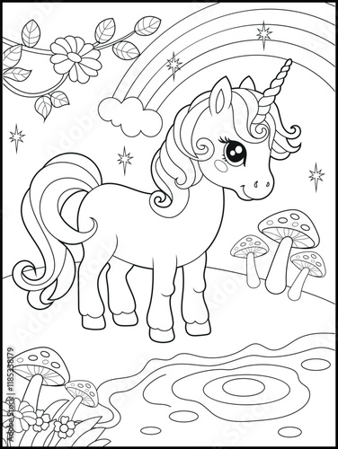 Magical Unicorn Coloring Page for Kids.  Fun and Printable Activity Sheet for Kids