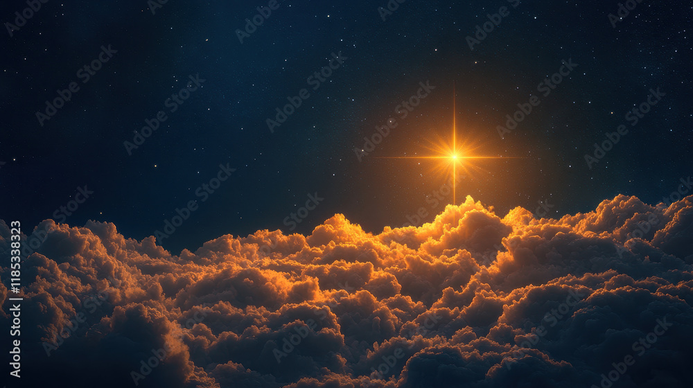 Fototapeta premium Celestial Hope: A single, brilliant star shines through a blanket of clouds, its light illuminating the darkness of night. The scene evokes a sense of hope, faith, and divine presence. 