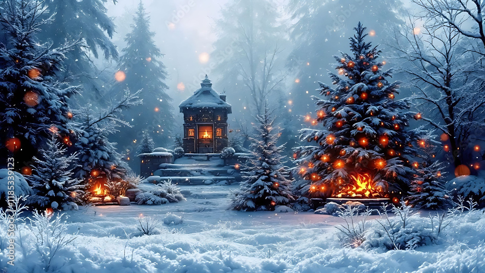A festive tree in the snow with decorations in front of a house on a cold winter night A festive tree in the snow with decorations in front of a house on a cold winter night