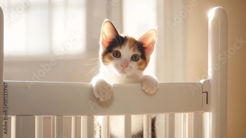 5.A small female calico cat perched halfway through an open section of a white baby gate, with warm sunlight streaming in through nearby windows, casting soft shadows.