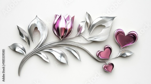 Metallic floral design, hearts, white background, Valentine's decor