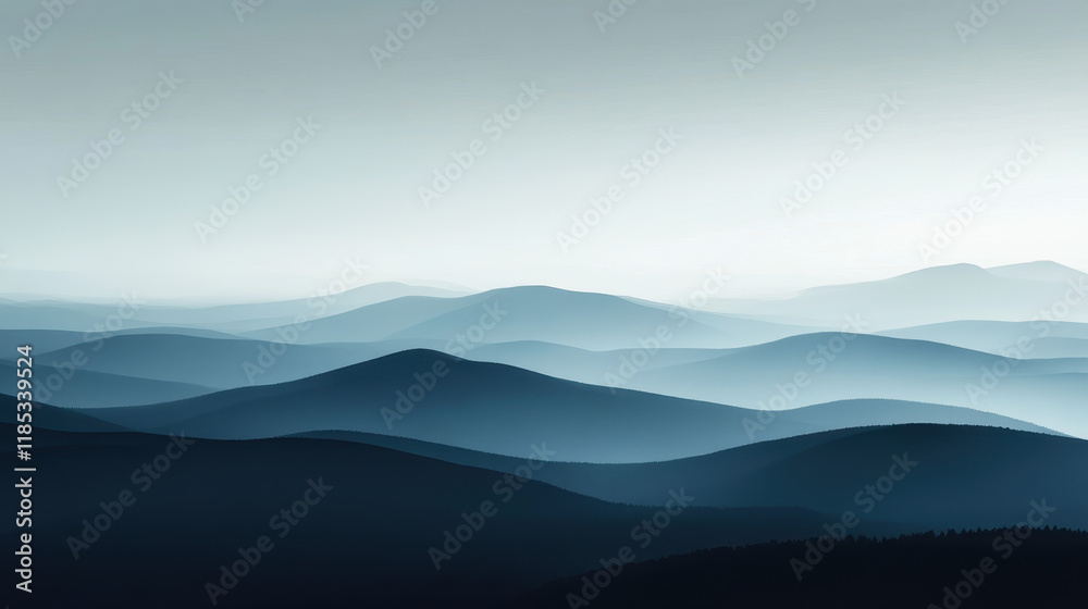 Fototapeta premium Serene Mountain Ranges: A mesmerizing panorama of misty mountain ranges, painted in shades of blue, evokes tranquility and a sense of vastness.