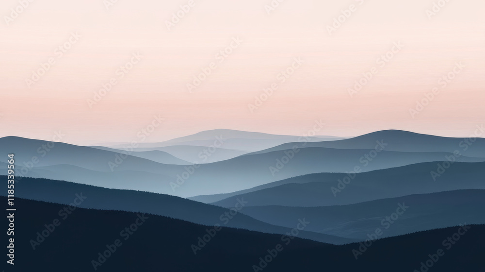 Serene Mountain Landscape: A misty veil of blue and pink hues envelops a majestic mountain range, creating a serene and ethereal landscape. Serene Mountain Landscape: A misty veil of blue and pink hues envelops a majestic mountain range, creating a serene and ethereal landscape.