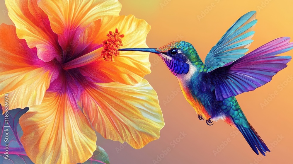 Obraz premium Vibrant Hummingbird Feeding on a Hibiscus Flower
