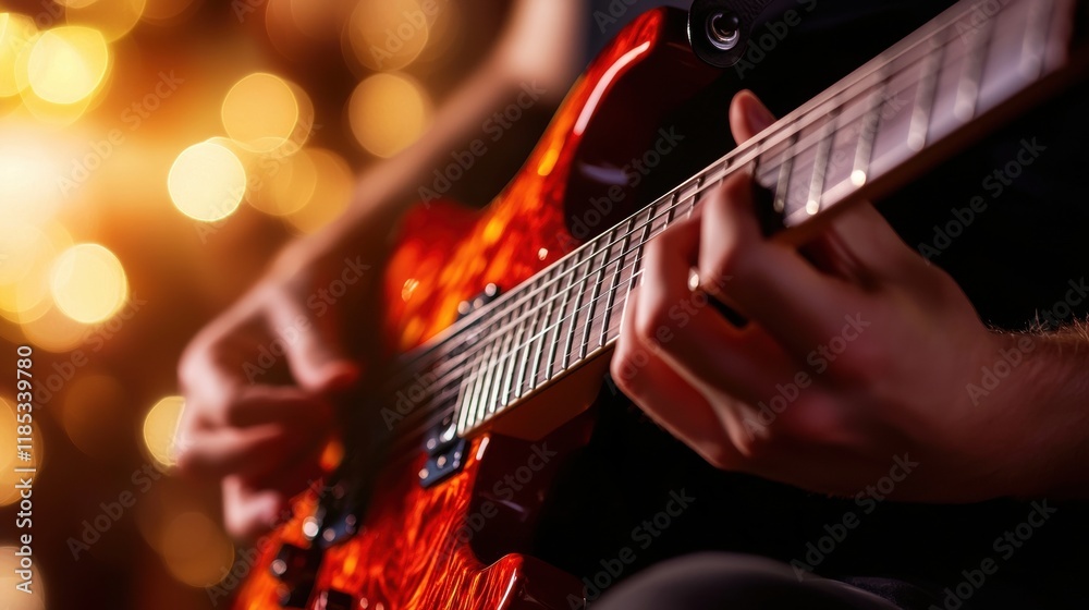 Obraz premium Close-up of hands playing an electric guitar with bokeh lights
