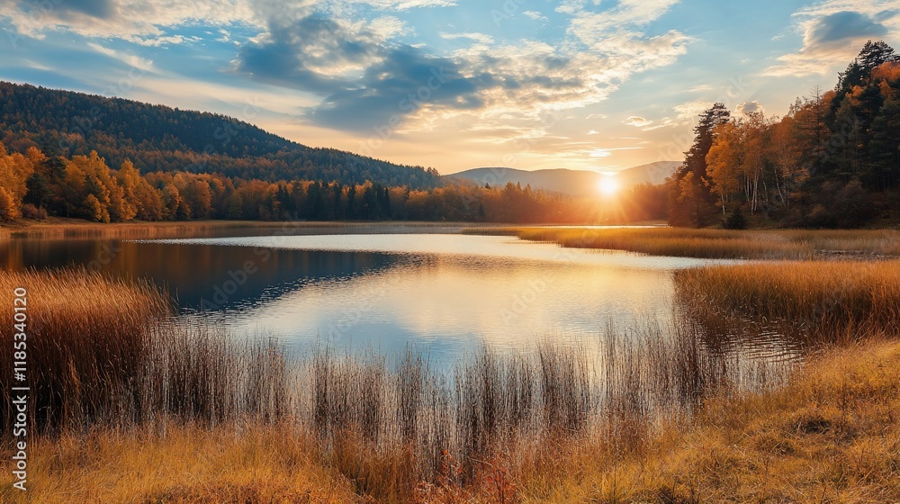 Fototapeta premium Serene sunset over a tranquil lake surrounded by autumn foliage and mountains.