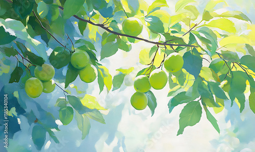 Bright Watercolor Painting of Fresh Green Plums (Cheongmaesil) with Lush Leaves. generative ai