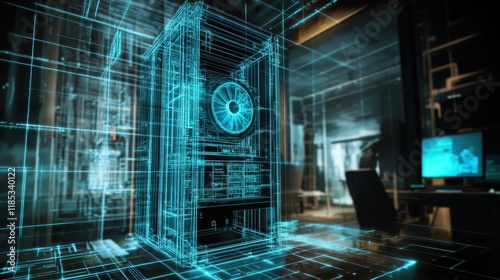 Intricate Hand-Drawn Tech Room Design with Cooling Details