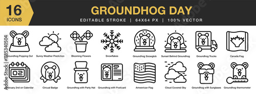 Groundhog Day icon set. Editable Stroke Icon Collection. Includes groundhog, animal, cute, marmot, mammal, wildlife, and More. Outline icons vector collection.