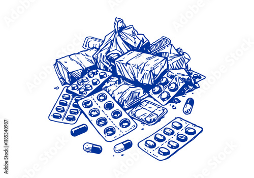 Blister Pack Waste Hand Drawn Illustration Vector Isolated
