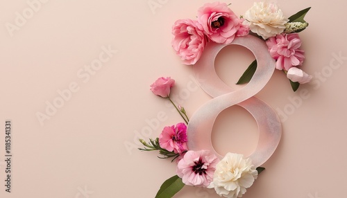 A festive banner with flowers and the number 8, Women's day greeting text with march 8 in pink ribbon elements for international women's celebration