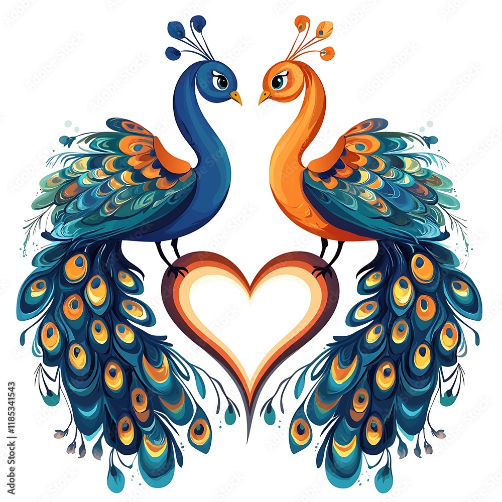 Obraz premium Two Peacocks Forming a Heart Shape, a Vibrant Illustration of Love and Unity.