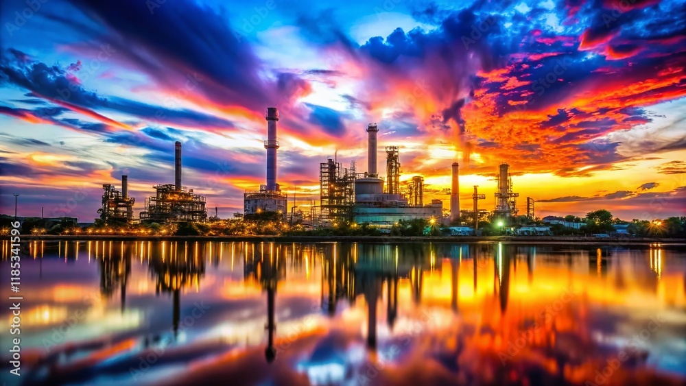 Panoramic Twilight Double Exposure: Oil Refinery Silhouette Against Vibrant Sky