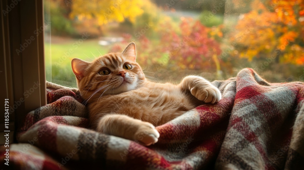 54.A content Scottish fold ginger cat stretched out on a windowsill, basking in the afternoon sunlight, with a cozy plaid blanket draped nearby and a view of an autumn garden in the background.