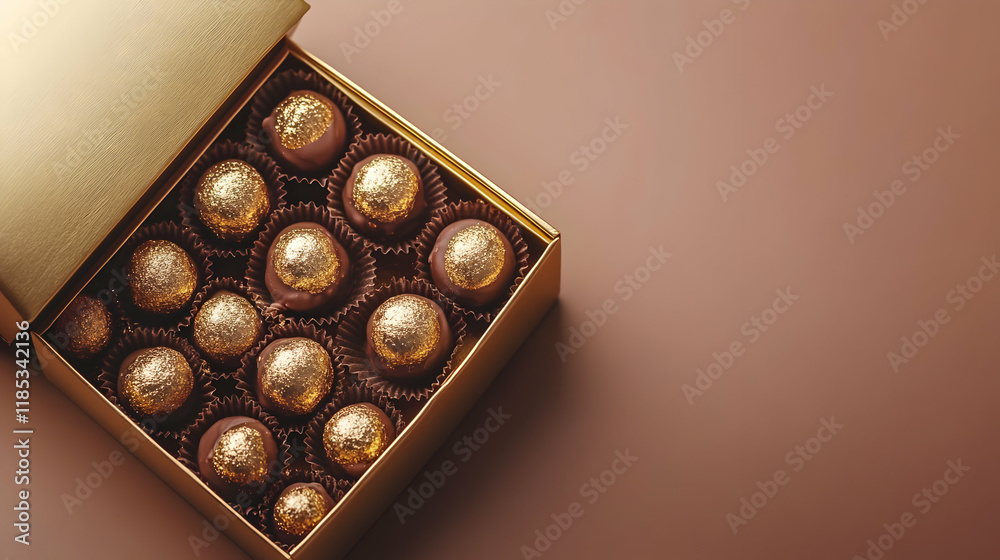 Gold Box Chocolates, Brown Background, Gift Gold Box Chocolates, Brown Background, Gift