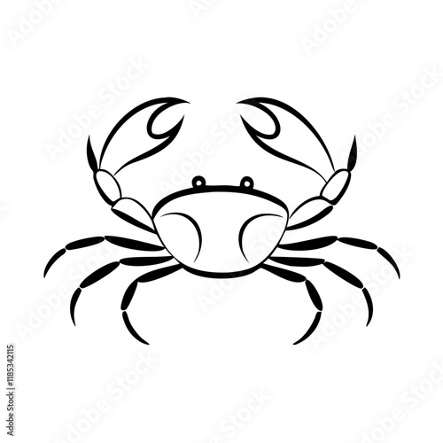 Detailed black and white crab illustration with claws raised.