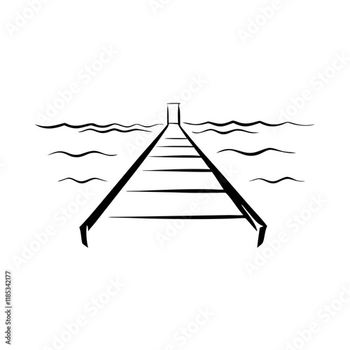 Minimalist black and white pier leading to open sea.