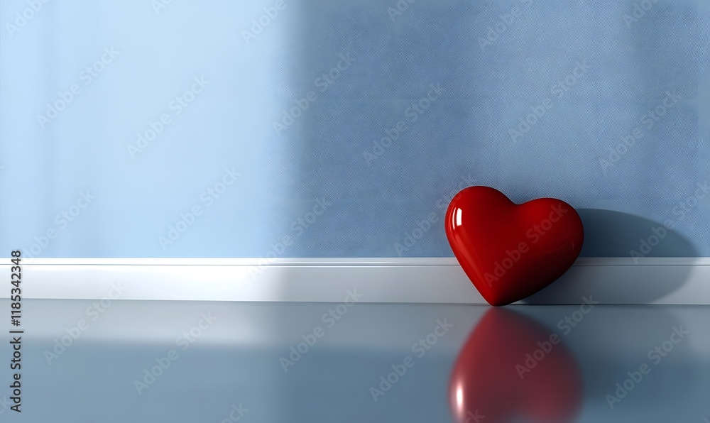 Red heart resting on floor against blue wall. Red heart resting on floor against blue wall.
