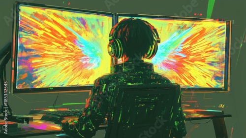Vibrant Gaming Setup with Glowing Digital Art