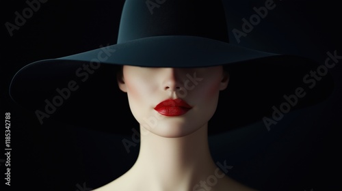 Elegant woman with a wide-brimmed black hat and striking red lips poses against a dark backdrop in a sophisticated setting.