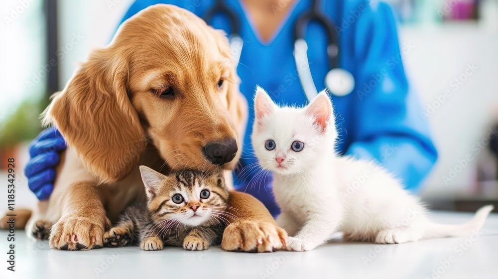 Vet with dog and cat. Puppy and kitten at doctor. Vet with dog and cat. Puppy and kitten at doctor.