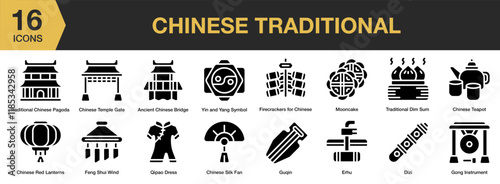 Chinese Traditional solid icon set. Includes lantern, festival, lunar, ancient, ornament, new year, and More. Solid icons vector collection.