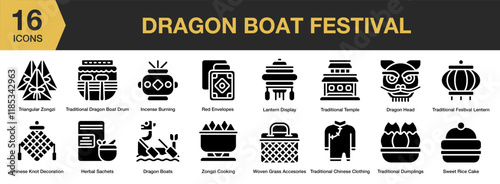Dragon Boat Festival solid icon set. Includes celebration, festival, zongzi, dragon boat, duanwu, and More. Solid icons vector collection.