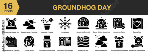 Groundhog Day solid icon set. Includes wildlife, ground, rodent, day, spring, forecast, and More. Solid icons vector collection.