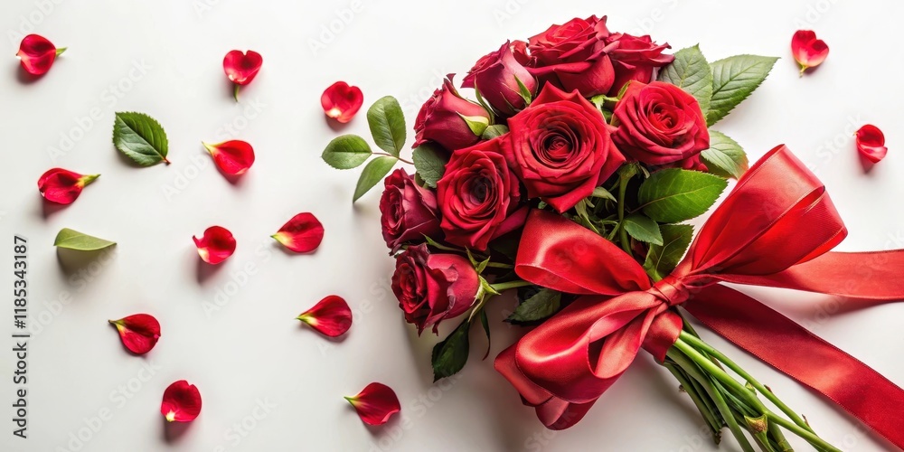 A crimson bow tied around a bouquet of roses with delicate petals and soft green leaves , gesture, flowers, gesture A crimson bow tied around a bouquet of roses with delicate petals and soft green leaves , gesture, flowers, gesture