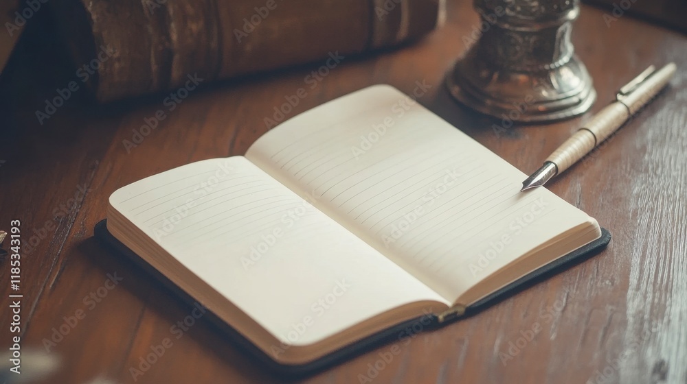 Fototapeta premium Open Notebook, Fountain Pen, Antique Setting - Cozy Writer's Desk